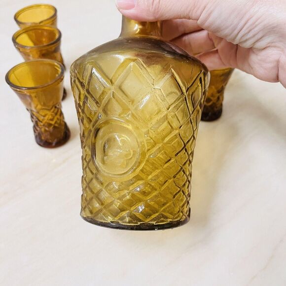 MCM Amber Glass Decanter Set w/6 Cordial Glasses Diamond Pattern Barware Taiwan - Picture 7 of 14